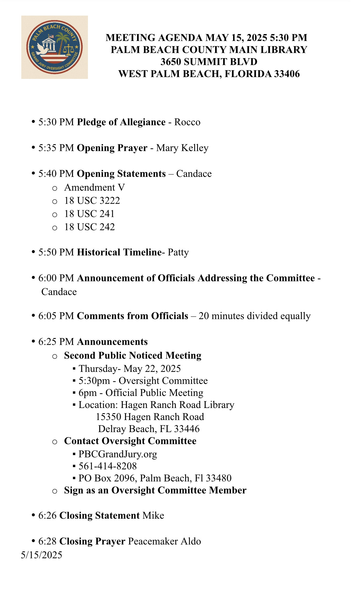 Meeting Agenda May 2025